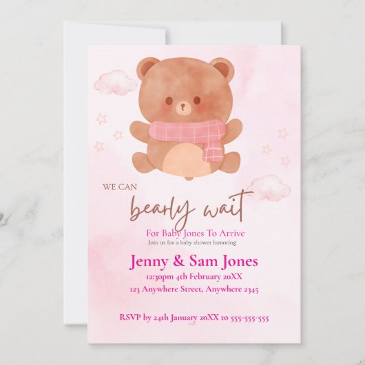 Pink Bear Baby Shower Invitation | Cute & Customis Kaart (Voorkant)