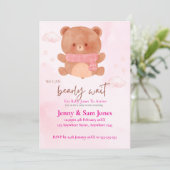 Pink Bear Baby Shower Invitation | Cute & Customis Kaart (Staand voorkant)