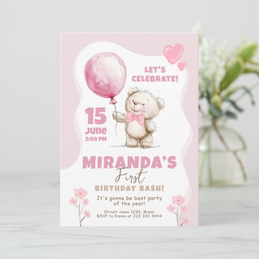 Pink Bear Birthday Bash 1st birthday Kaart (Staand voorkant)