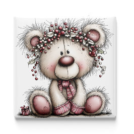 Pink Bear Christmas Berries | Christmas Magnet