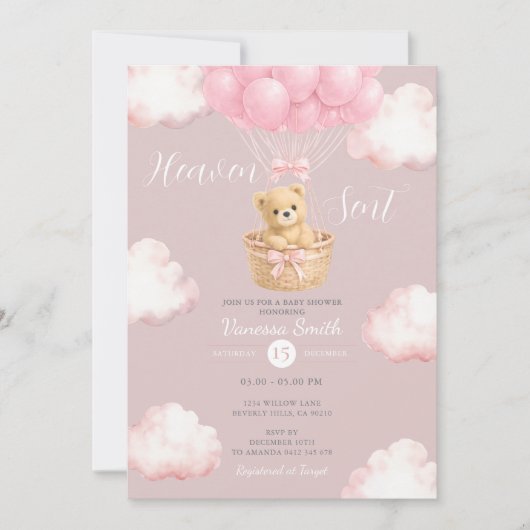 Pink Bear Heaven Sent Balloon Baby Shower Invite Kaart (Voorkant)