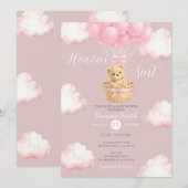 Pink Bear Heaven Sent Balloon Baby Shower Invite Kaart (Voorkant / Achterkant)