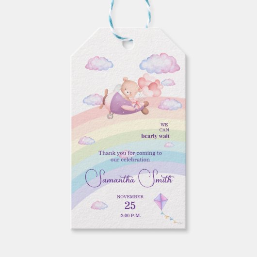 Pink Bear Pastel Airplane Balloon  Cadeaulabel (Voorkant)