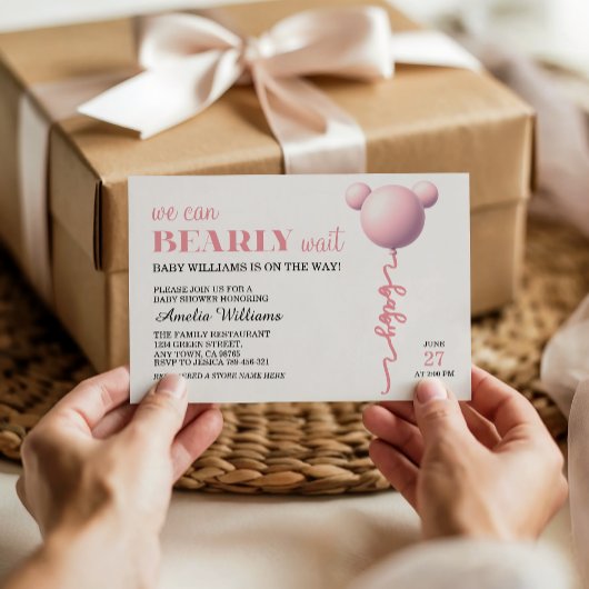 Pink Bearly Wait Baby Girl Balloon Shower Invite Kaart