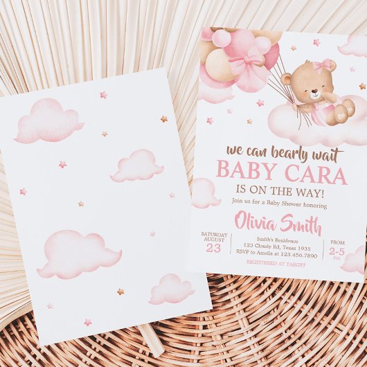 Pink Bearly Wait Clouds Baby shower Kaart