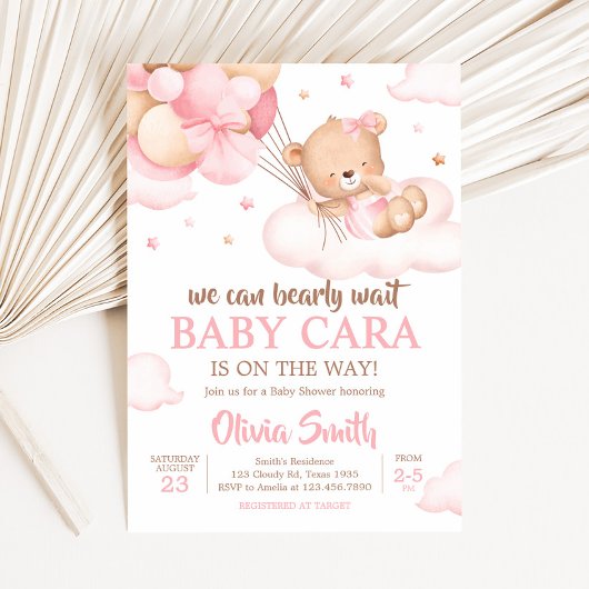 Pink Bearly Wait Clouds Baby shower Kaart
