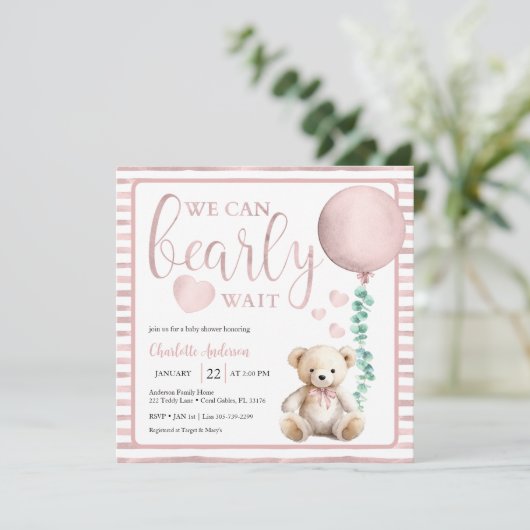 Pink Bearly Wait Girl Baby shower Uitnodiging (Staand voorkant)