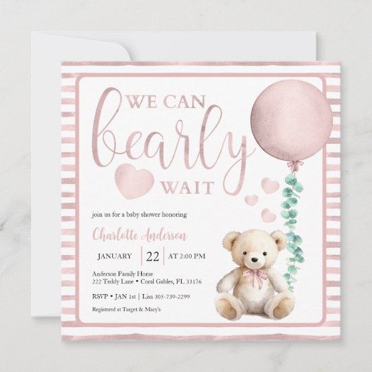 Pink Bearly Wait Girl Baby shower Uitnodiging (Voorkant)