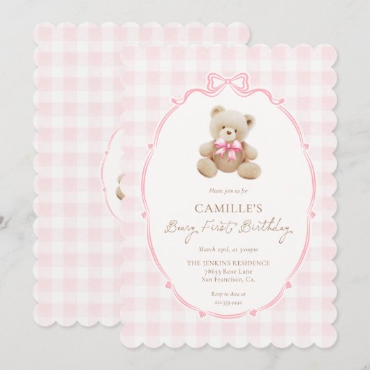Pink Beary First Birthday Invitation Kaart (Voorkant / Achterkant)