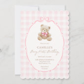 Pink Beary First Birthday Invitation Kaart (Voorkant)