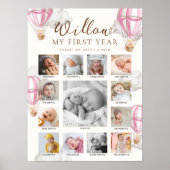 Pink Beary First Birthday Photo Timeline Poster (Voorkant)