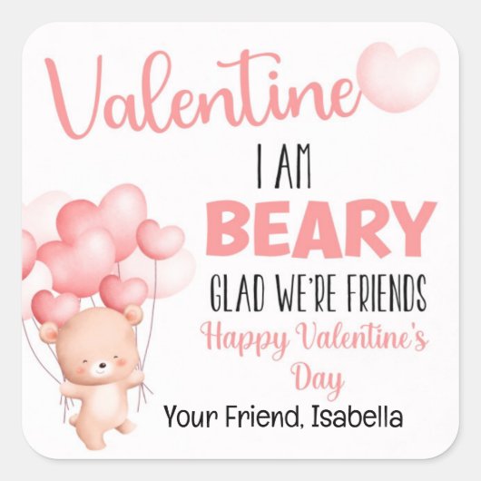 Pink Beary Glad We zijn vrienden Valentijnsdag Vierkante Sticker (Voorkant)