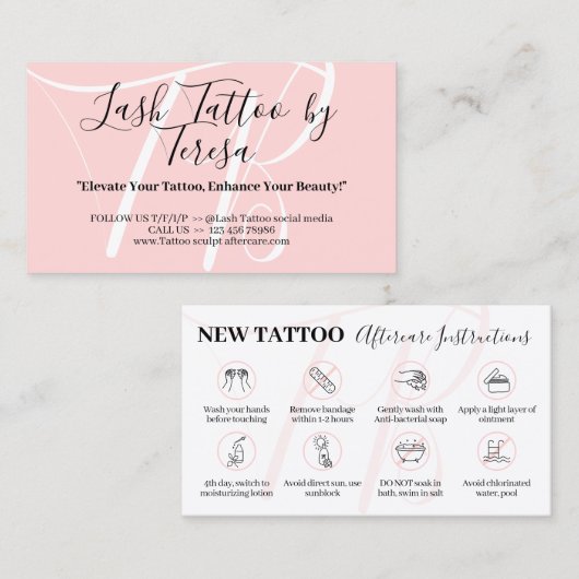 Pink Beauty Aftercare Instructies voor Tattoo Visitekaartje (Voorkant / Achterkant)