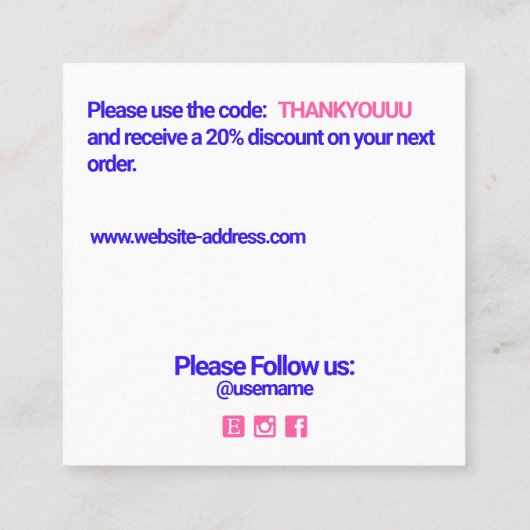 Pink Bedankt voor uw zakelijke kortingsbon Vierkante Visitekaartje (Achterkant)