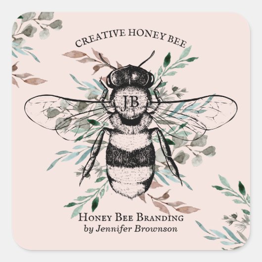 Pink Bee Appiary Bloem Honing Marketing Vierkante Sticker (Voorkant)
