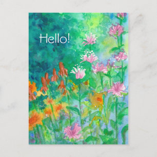 Pink Bee Balm Flower Garden Hello Briefkaart