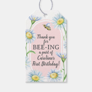 Pink Bee-Day Birthday Favor Gift Tags with Daisies Cadeaulabel