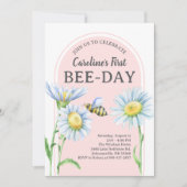 Pink Bee-Day Birthday Invitation with Daisies Kaart (Voorkant)