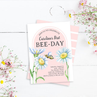 Pink Bee-Day Birthday Invitation with Daisies Kaart