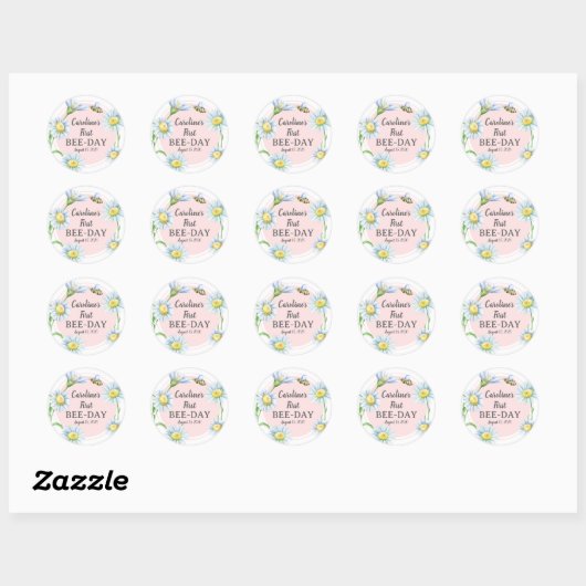 Pink Bee-Day Birthday Stickers with Daisies (Vel)