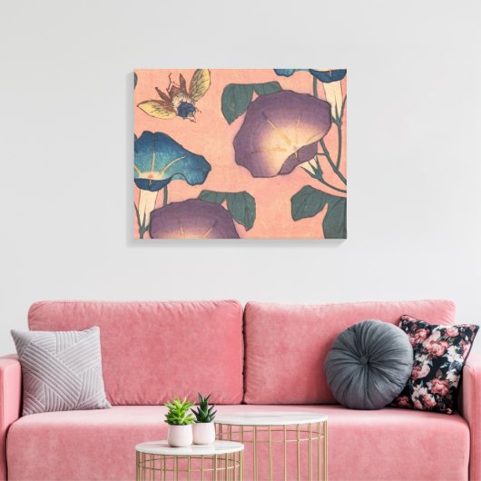 Pink Bee Flower Classic Hokusai Art Canvas Afdruk (Insitu (Woonkamer))