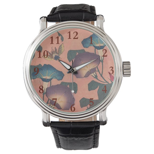 Pink Bee Flower Classic Hokusai Art Horloge (Voorkant)