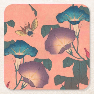 Pink Bee Flower Classic Hokusai Art Kartonnen Onderzetters