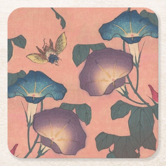 Pink Bee Flower Classic Hokusai Art Kartonnen Onderzetters (Voorkant)