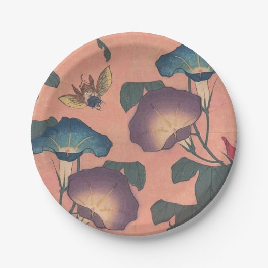 Pink Bee Flower Classic Hokusai Art Papieren Bordje (Voorkant)