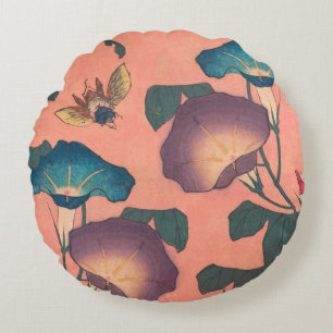 Pink Bee Flower Classic Hokusai Art Rond Kussen