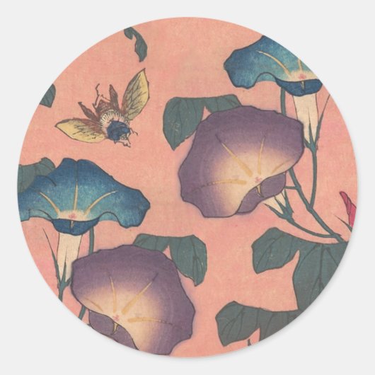 Pink Bee Flower Classic Hokusai Art Ronde Sticker (Voorkant)