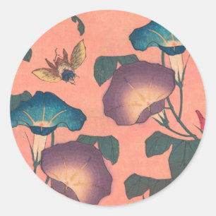 Pink Bee Flower Classic Hokusai Art Ronde Sticker