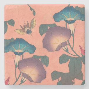 Pink Bee Flower Classic Hokusai Art Stenen Onderzetter
