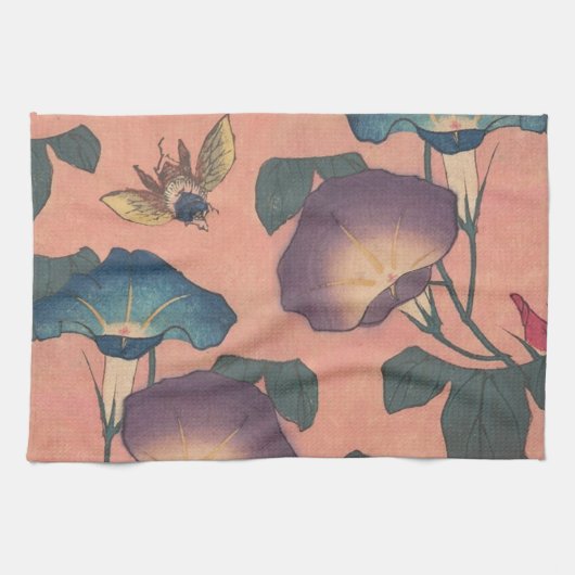 Pink Bee Flower Classic Hokusai Art Theedoek (Horizontaal)