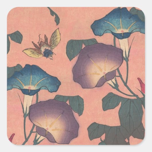 Pink Bee Flower Classic Hokusai Art Vierkante Sticker (Voorkant)