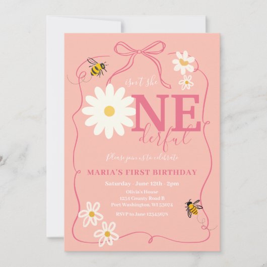 Pink Bee Isn't she ONEderful Daisy First Birthday  Kaart (Voorkant)
