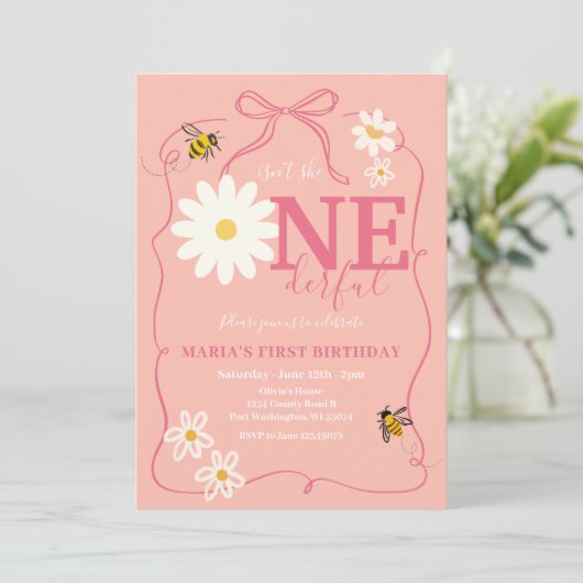 Pink Bee Isn't she ONEderful Daisy First Birthday  Kaart (Staand voorkant)