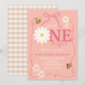 Pink Bee Isn't she ONEderful Daisy First Birthday  Kaart (Voorkant / Achterkant)