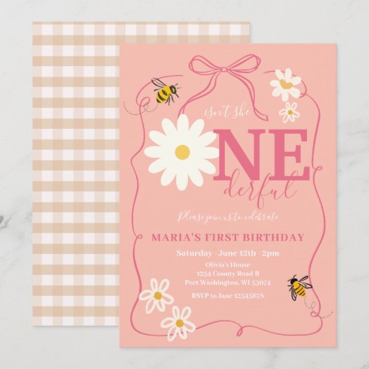 Pink Bee Isn't she ONEderful Daisy First Birthday Kaart (Voorkant / Achterkant)