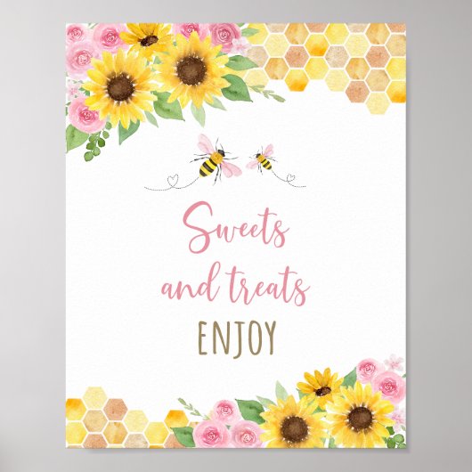 Pink Bee Sunflower Sweet Treats Verjaardagsteken Poster (Voorkant)