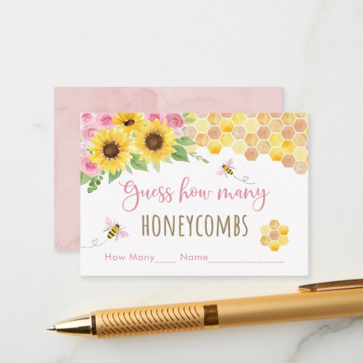 Pink Bee Sunflower Verjaardag Raad hoeveel spel Informatiekaartje (Voorkant / Achterkant in situ)