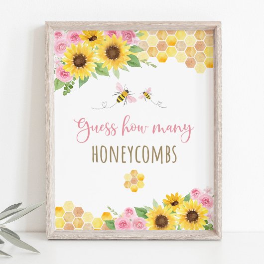 Pink Bee Sunflower Verjaardag Raad hoeveel spel Poster
