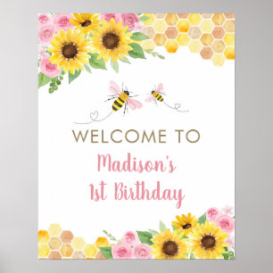 Pink Bee Sunflower Verjaardag Welkom Poster