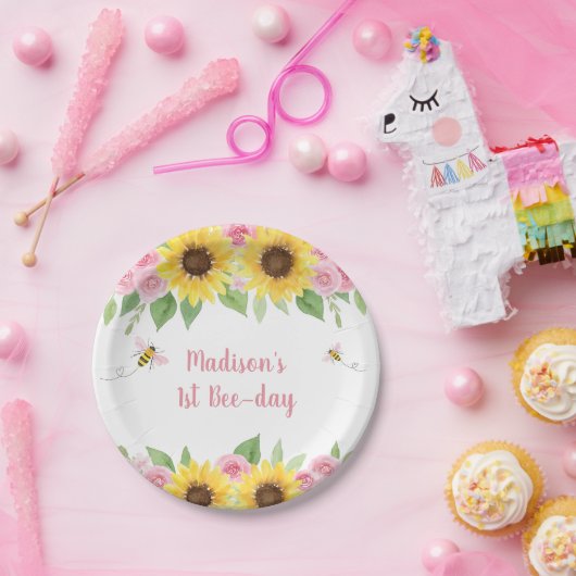 Pink Bee Zonnebloem Verjaardag Papieren Bordje (Feest)
