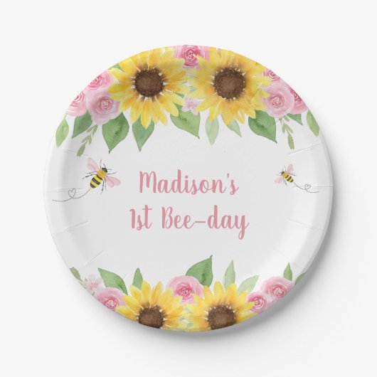 Pink Bee Zonnebloem Verjaardag Papieren Bordje (Voorkant)