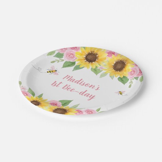 Pink Bee Zonnebloem Verjaardag Papieren Bordje (Gekanteld)