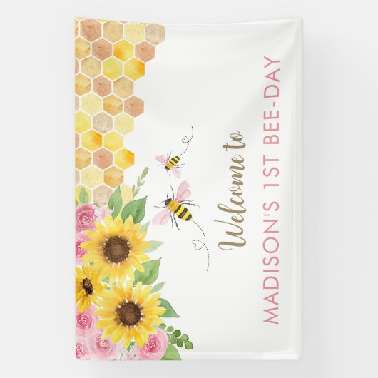 Pink Bee Zonnebloem Verjaardag Spandoek (Verticaal)