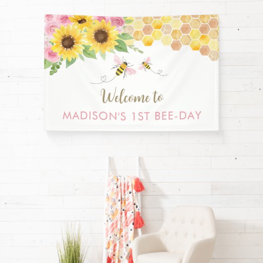 Pink Bee Zonnebloem Verjaardag Spandoek (Insitu)