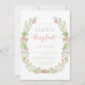 Pink Berry eerste aardbei verjaardagsuitnodiging Kaart (Voorkant)