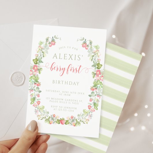 Pink Berry eerste aardbei verjaardagsuitnodiging Kaart